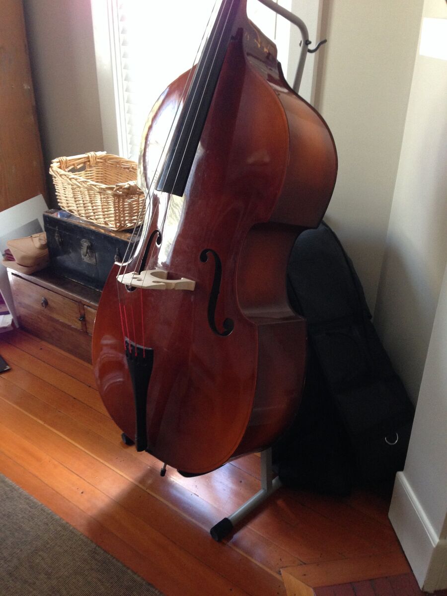 Upright bass resting on a stand indoors